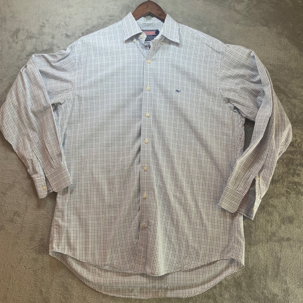 Vineyard Vines Mens Whale Shirt Blue White Check Plaid Button Down Cotton L